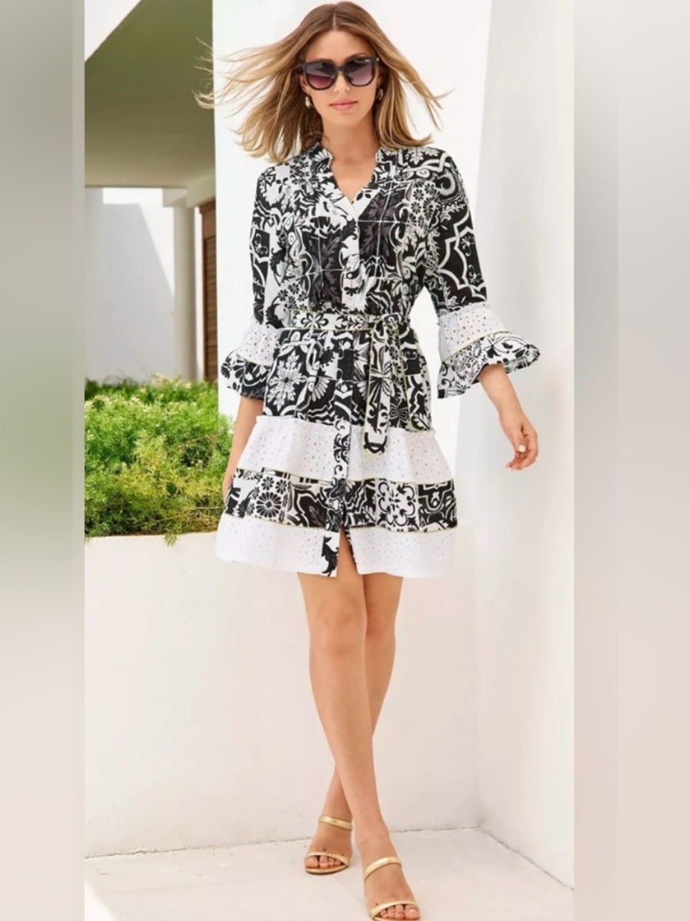 Boston Proper Chic Tile Eyelet-Inset Black White Printed Tiered Dress Size 4
